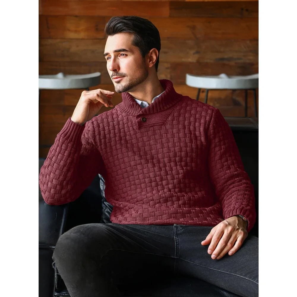 Arcciit Men's Wine Pullover Fall Winter Turtleneck Cable Knit V Neck XL